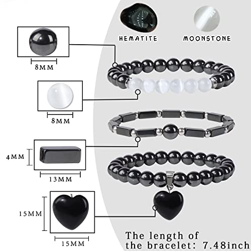 Vinswet Healing Crystal Beaded Bracelets for Women,Natural Amethyst Gemstones Bracelet,Anxiety Stress Relief Heart Charm Bracelet Handmade purple Jewelry Gifts for Women - color: Hematite&Moonstone