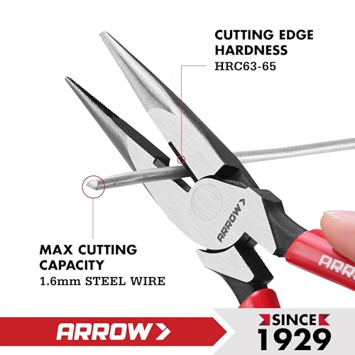 ARROW 8" High Leverage Needle Nose Pliers with Side Cutters, Long Nose Pliers for Gripping, Wire Bending, Cutting - size: 8 INCH