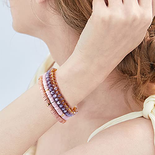 Ornaland 7Pcs Handmade Polymer Clay Heishi Surfer Stretch Bracelets Set Colorful Glass Beads Bracelets Boho Stackable Preppy Bracelets Wrist Jewelry for Women - color: Grayish Yellow