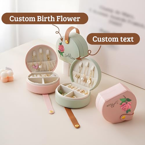 Personalized Travel Jewelry Case, Custom Leather Customized Jewelry Organizer Box w/Name & Birth Flower Month - Birthday Gifts for Women Mom Jewelry Travel Case - style: 01-Birthflower