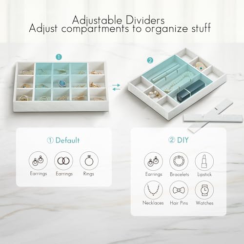 VLANDO 6 Grids & Rings Slot Jewelry Tray, Small Jewelry Organizer for Drawer, Stackable Jewelry Organizer Trays, Drawer Jewelry Organizer, Soft Lining DIY Combinations Tray - White