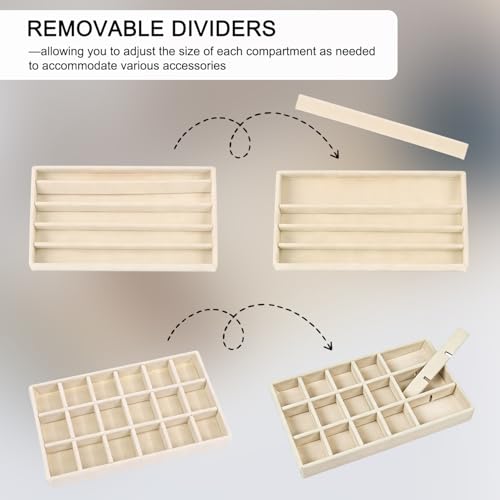 Velvet Jewelry Organizer for Drawer, 6-Piece Stackable Jewelry Trays with Removable Dividers, Drawer Organizer Inserts Set with 2 Cleaning Cloths for Women Dresser Vanity, Beige