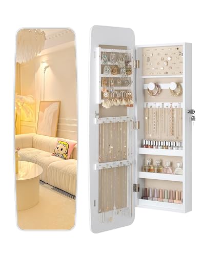 Nicetree Mirror Jewelry Cabinet Wall Mounted, Lockable Hanging Jewelry Armoire Organizer, Rounded Jewelry Armoire with Full Length Mirror, Wide Mirror with Storage, Moon White - color: Moon White, size: 3.78''D x 13.1''W x 40.75''H