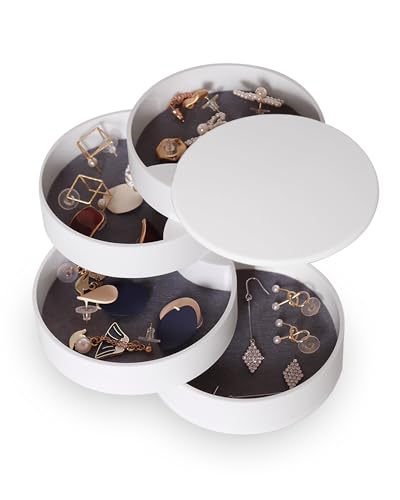 CONBOLA Jewelry Organizer, Small Jewelry Storage Box Earring Holder for Women, 5-Layer Rotating Travel Jewelry Tray Case with Lid for Bracelets Rings Bracelets, Gift for Women Teen Girls(White) - color: White
