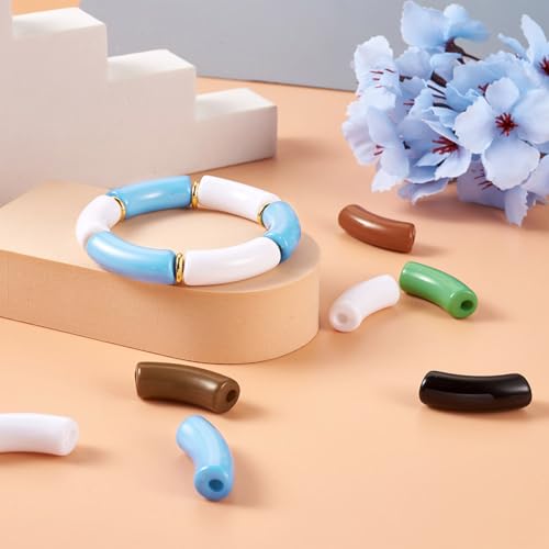 Spritewelry 100pcs Acrylic Chunky Tube Beads for Bracelets with Brass Rhinestone Spacer Beads Elastic Crystal Thread Opaque Curved Tube Beads Acrylic Bangle Bamboo Beads for Jewelry Making - color: Green-Opaque