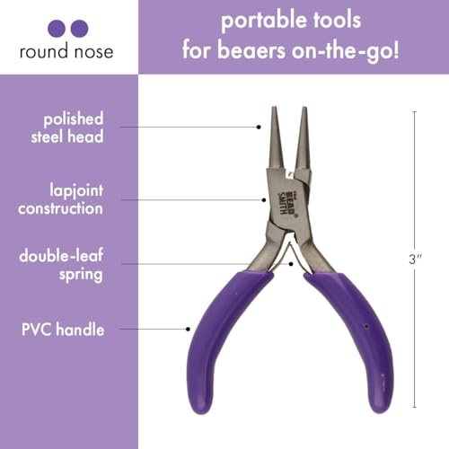 The Beadsmith Mini Series Round Nose Plier – Create Consistent Loops in Wire and Metal – 3-Inches, Purple Comfort Grip Handle, Single Leaf Spring, Polished Steel Head – Tools for Jewelry Making - style: Round Nose