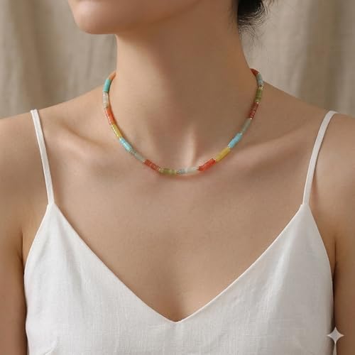 Handmade Natural Gemstone Beaded Necklace for Women, Cultured Freshwater Pearl Choker with Adjustable Extension Chain, Boho Healing Crystal Jewelry Collection - color: e Colorful