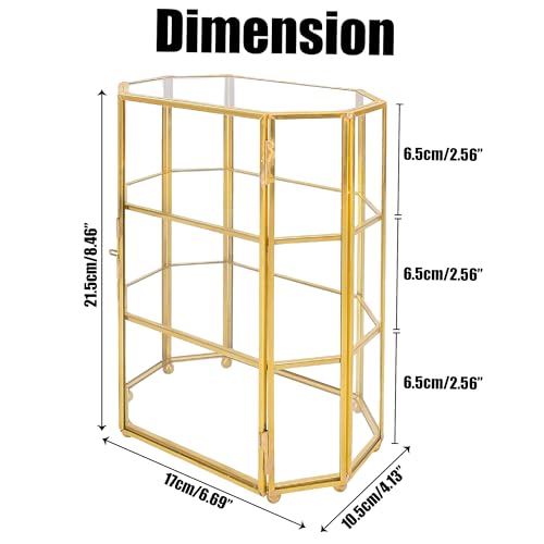 BuleVina Glass Jewelry Display Case 6.7x4x8.4 inches Small Cabinet, 3-Tier Geometric Box Keepsake Trinket for Rings, Earrings, Crystals, Makeup Organizer, Multifunction Table Decoration Storage