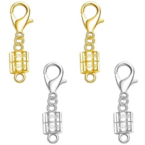 925 Silver Magnetic Necklace Clasp with Lobster Clasp,Magnetic Necklace Clasps and Closures for Bracelet Necklace Extender (2golden+2silvery) - color: 2golden+2silvery