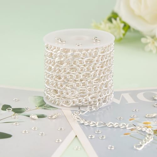 KYUNHOO 13 FT/4M Silver Plated Jewelry Chain Roll Figaro Curb Links Necklace Chains Bulk with Lobster Clasps Jump Rings for Women Men Making Jewelry Crafts - color: Figaro Silver