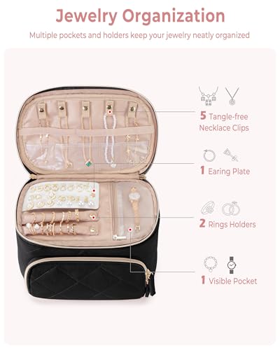 Jewelry Travel Case with 2 Clear Pouches, 2-Layer Jewelry Organizer Storage Bag for Necklaces, Earrings, Rings, Bracelets, Black(Empty Bag) - color: Black