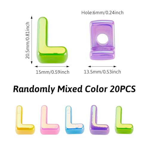 Beadthoven 20pcs Big Letter L Beads Large Hole Bubble Alphabet Acrylic Beads Charm Iridescent Plastic L Shape Loose Chunky Spacers for Jewelry Making Bracelet Necklace Keychains Shoelaces Crafts - color: L