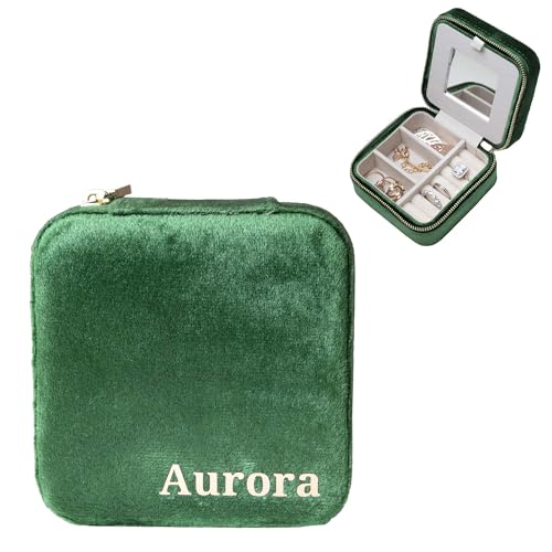 Customizable Compact Velvet Jewelry Box with Mirror, Travel Jewelry Case, Travel Jewelry Organizer, Jewelry Box for Women and Girls, Small Jewelry Organizer (Bottom Right Text, Emerald Green) - color: Emerald Green, size: Bottom Right Text Only