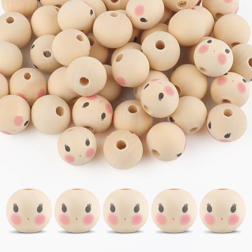 50PCS Wooden Beads for Crafts, 20mm Smile Wooden Beads with Holes, Natural Round Face Wood Bead for DIY Crafts, Jewelry Making, Angel Decorations(E) - color: Style 11