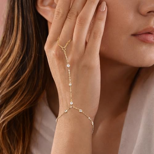 Gold Hand Chain Bracelet for Women, Ring Bracelet Hand Chain Non Tarnish Waterproof Dainty Finger Bracelet Beaded Cubic Zirconia Layered Twist Link Stack Bracelets Trendy Jewelry Gift for Her - color: CZ Chain