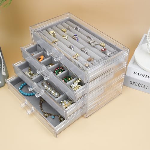 Weiai Acrylic Jewelry Organizer, Clear Jewelry Box with 4 Drawers, Jewelry Case Storage for Women (Gray) - color: Gray