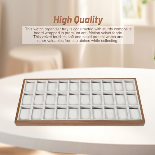LOYALHEARTDY 30 Grid Watch Jewelry Tray Organizer Wooden Box Organizer Display Tray Watch Bracelet Display Holder with Removable Pillow for Men & Women Storage and Display