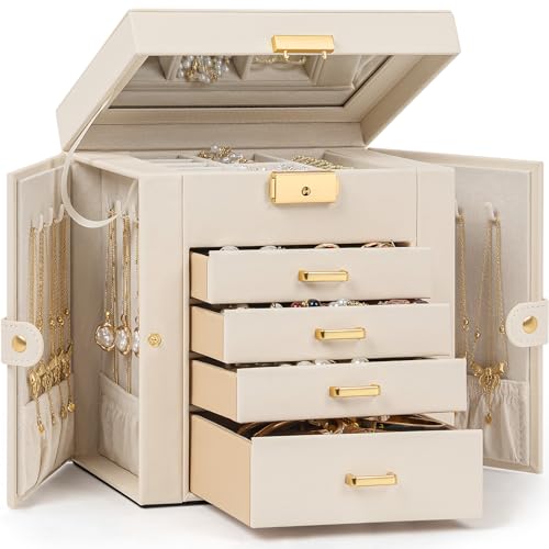 TORIBIO Jewelry Box for Women, Leather Jewelry Organizer with Mirror & Lock, 5-Tier Jewelry Storage Organizer with 4 Drawers for Girls/Women/Mothers, Necklace Earring Bracelets Holder Organizer - color: Beige Yellow, size: 5 Layer