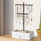 Meangood Jewelry Organizer Stand, 3-Tier Necklace Holder Jewelry Tree with Wooden Storage Drawer Box for Necklace Bracelet Earring Ring,White - color: Light White