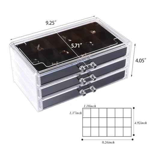 YUFONG Earring Organizer Box Acrylic Jewelry Organizer with 3 Drawers 54 Adjustable Grids Clear Stackable Earring Holder Velvet Trays Ring Display Case for Women Girls (Black) - color: Black