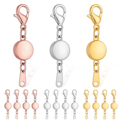 Roctee 15 Pcs Locking Magnetic Jewelry Clasp for Women, Round Alloy Necklace Clasp Closures Bracelet Extender Ornaments Clip Converter for Jewelry DIY Making Trinkets Crafts(Gold, Silver, Rose Gold)