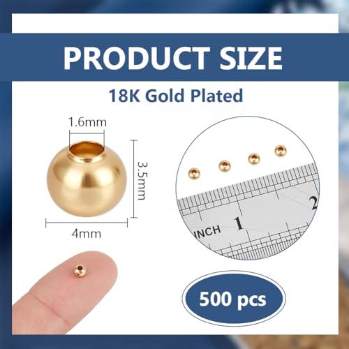 BENECREAT 500Pcs Real 18K Gold Plated Stainless Steel Spacer Beads, Round Spacers Beads, 1.6mm Hole Metal Smooth Bead for DIY Bracelet Necklace Jewelry Crafts Making - size: Hole: 1.6mm