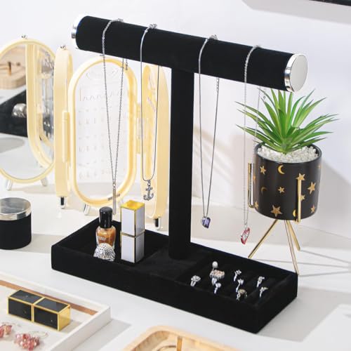 Coward Jewelry Organizer Stand, Velvet Necklace Bracelet Watch Ring Display Holder with Tray, Multi-use Jewelry Display Stand for Women Girls Dresser Nightstand (Black) - color: Black Silver End