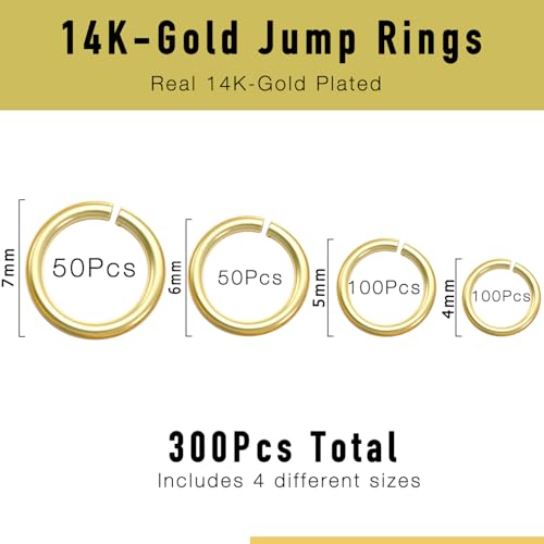 300PCs 14K Gold Plated Jump Rings for Jewelry Making, 4mm 5mm 6mm 7mm, Earring Bracelet Necklace Finding & Supplies (14K Gold Plated) - color: 14K Gold