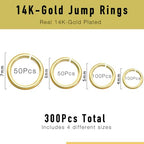 300PCs 14K Gold Plated Jump Rings for Jewelry Making, 4mm 5mm 6mm 7mm, Earring Bracelet Necklace Finding & Supplies (14K Gold Plated) - color: 14K Gold