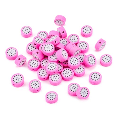 50PCS Handmade Polymer Clay Round Beads Pitaya Slice Dragon Fruit Loose Beads Fruit Theme Spacer Beads for DIY Bracelet Necklace Earring Charm Jewelry Making Hole 1.8mm - color: Pitaya Slice