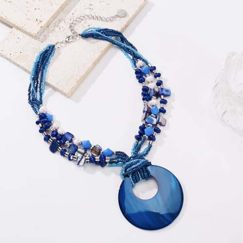 Coiris Shell Pendant Statement Strand Necklace for Women Boho Multi Beads Natural Stone Colorful Necklace Bohemian Handmade Chunky Shell Beaded Collar Jewelry for Women - color: NavyBlue