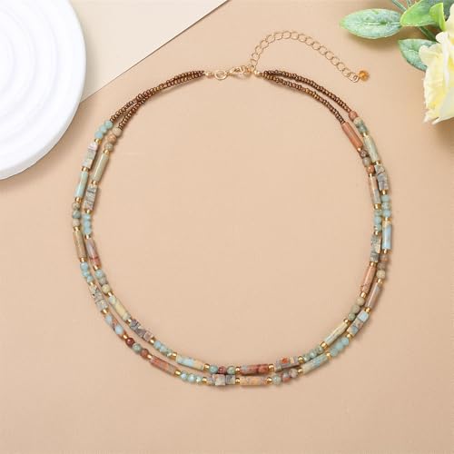 Elisheva Natural Stone Choker Necklace for Women, Boho Natural Emperor Jasper Stone Lace Agate Beaded Crystal Necklace, Gemstone Jewelry Gift for Her - style: 2 layered Shoushan stone
