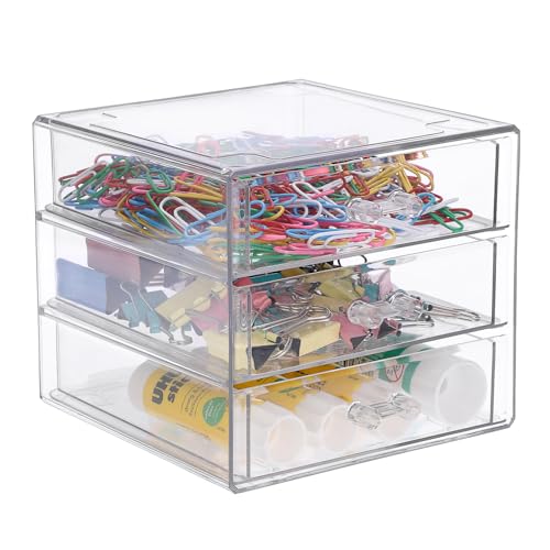 BTSKY Clear Acrylic Storage Organizer with Drawers, 3-Layer Desktop Organizer for Office Essentials, Multi-Purpose Stackable Container for Bathroom Vanity, Desk Makeup Jewelry Container Storage Box - size: 3-layer