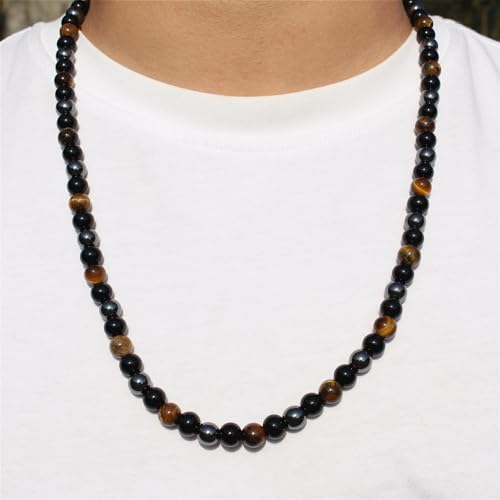 Natural Stone Beaded Necklace 8mm Tiger Eye Black Obsidian and Hematite Buddha bead lucky necklace 26 Inches, Black and Brown Men and women necklaces fift - color: Tiger eye stone, black gallstones, and hematite