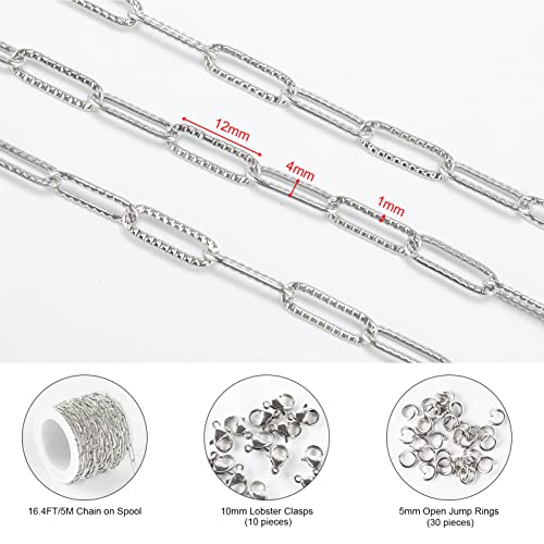 16.4 Feet Silver Stainless Steel Chain Bulk Embossed Paperclip Chain for Jewelry Making Soldered Oval Necklace Chain Roll with Lobster Clasps and Jump Rings Jewelry Supplies DIY Craft - color: Embossed Paperclip Silver