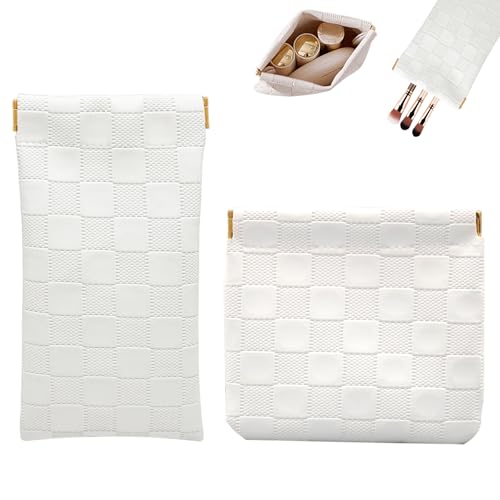 2PCS Small Makeup Bag for Purse, Mini Leather Pocket Cosmetic Bag for Women, Waterproof Portable Makeup Pouch No Zipper Coin Purse Lipstick Bag Accessories, Checkered Travel Storage Bag (White) - color: White