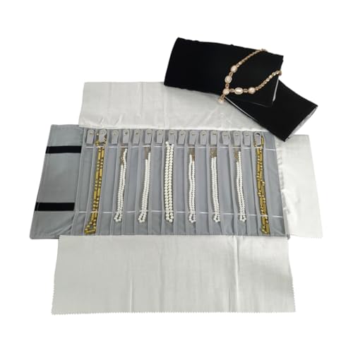 Portable Jewelry Roll Untangled Secure Necklace Travel Storage Bag Displays Holder 16 Chain (Black and Gray) - color: Black and Gray