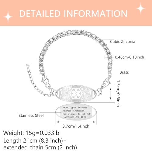 Women's Medical ID Bracelet with White Zircon Tennis Chain, Interchangeable Engraved Plate, Adjustable Lobster Clasp, Lightweight, Hypoallergenic, for Running, Outdoor, Daily Wear - color: White-BLOOD THINNER