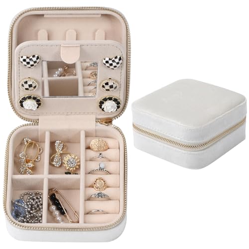 Dajasan Velvet Jewelry Box, Mini Travel Jewelry Case, Portable Travel Jewelry Organizer with Mirror for Birthday Mother's Day Valentine's Day(Beige) - color: Beige 3, size: Small