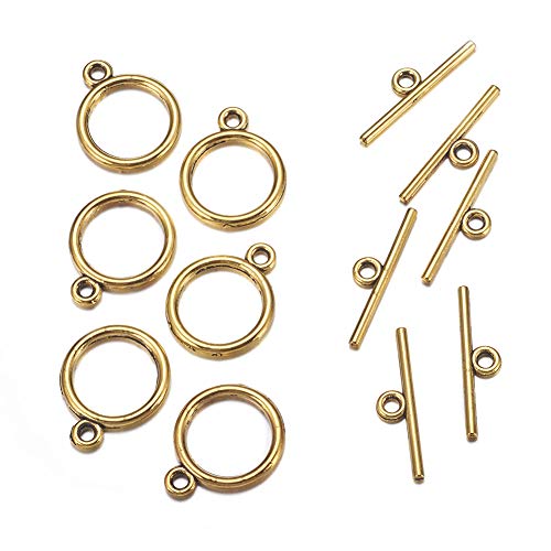 Craftdady 20 Sets Antique Gold Round Toggle Clasps Tibetan T Bar Closure Ring End Clasps for Bracelet Necklace Making - color: Antique Golden, 15mm
