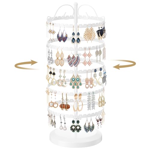 LASZOLA 5 Tier White Earring Holder Organizer Tree Women Display Storage for Stud and Hoop, Large Cool Rotating Clip Stand for Pierced and Dangle Earring, Vertical Metal Tower Carousel with 400 Holes - color: White, size: 5 Tier, 400 Holes