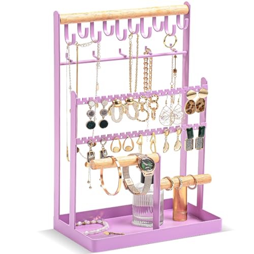 ProCase Jewelry Organizer Stand Necklace Organizer Earring Holder, 6 Tier Jewelry Stand Necklace Holder with 15 Hooks, Jewelry Tower Display Rack Storage Tree for Bracelets Earrings Rings -Purple - color: Purple
