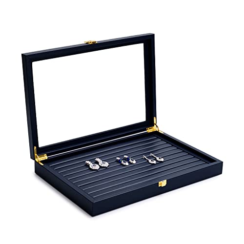 Oirlv Premium Blue Leather Rings Earrings Organizer Tray with Clear Lid Jewelry Display Box with Acrylic Lid Stackable Jewelry Box Drawer Inserts - color: Blue, size: 10 Slot