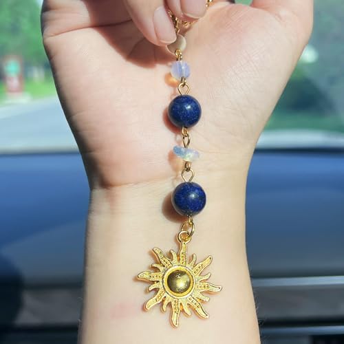 Car Rear View Mirror Accessories Sunshine Car Hanging Ornament, Sun Rearview Decor Charm Blue Jade Beaded Crystal Swinging Cute Handmade Interior Decor for Women Men - color: Blue-sun