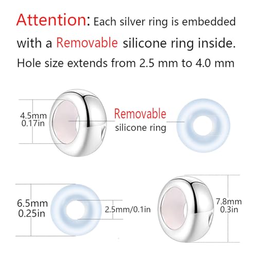 Clip Stopper Charms Sterling Silver Rondelle Spacer Bead Charm Stopper Charm for Pandora Charm Bracelets - color: Silver（6 PCS）