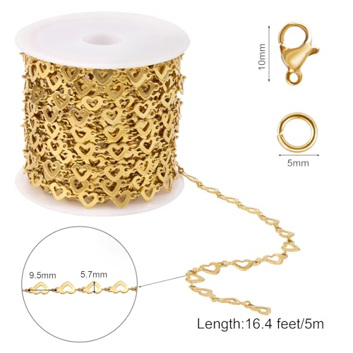 SMYHTGLIF 5 Meters Flat Heart Chain Bulk for Jewelry Making Stainless Steel Chain Bulk Roll with Lobster Clasps and Jump Rings - color: Heart Gold