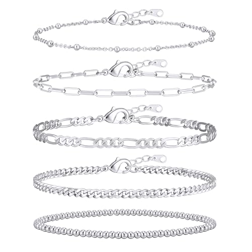 adoyi Gold Bracelets for Women, 14K Gold Plated Stackable Bracelet Stack Set Adjustable Charm Paperclip Chain Cuban Link Layered Waterproof Jewelry Sets Gifts for Womens - color: Silver 6.8 IN General Wrist