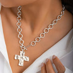 CHESKY 14K Gold Plated Chunky Necklace for Women, Trendy Paperclip Chain Necklace Thick Cross Heart Pendant Necklace Layered Herringbone Cuban Link Chain Toggle Necklaces Non Tarnish Jewelry - color: silver, style: cross