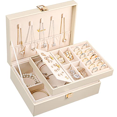 Voova Jewelry Box Organizer for Women Girls, 2 Layer Large Men Jewelry Storage Case, PU Leather Display Jewellery Holder with Removable Tray for Necklace Earrings Rings Bracelets, Vintage Gift,Apricot - color: Apricot