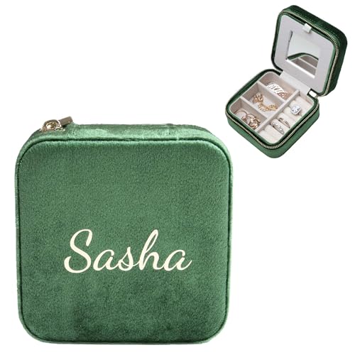 Customizable Compact Velvet Jewelry Box with Mirror, Travel Jewelry Case, Travel Jewelry Organizer, Jewelry Box for Women and Girls, Small Jewelry Organizer (Center Text, Emerald Green) - color: Emerald Green, size: Center Text Only